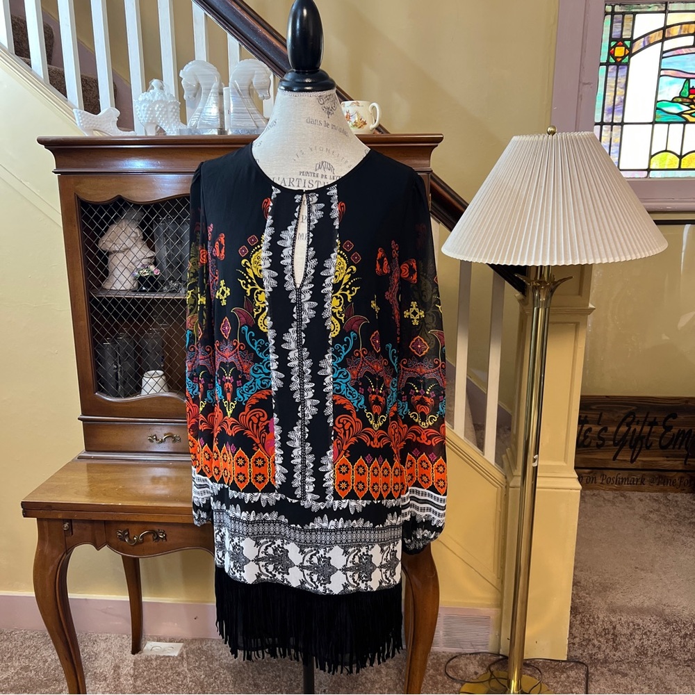 Bebe NWT Long Sleeve Faux Leather Fringe Shift Dress.